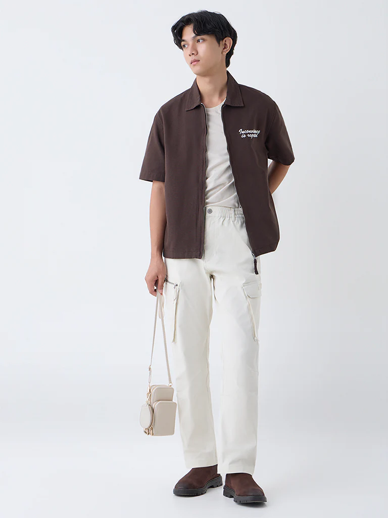 Nuon Dark Brown Text Pattern Relaxed-Fit Cotton Shirt - Image 2