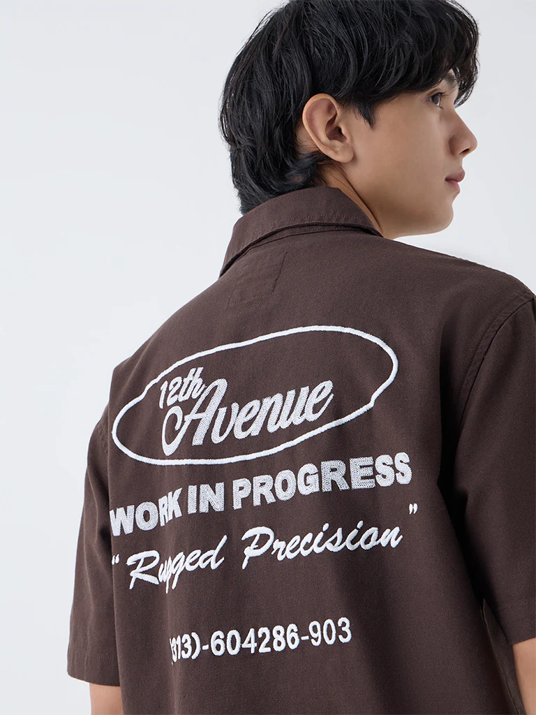 Nuon Dark Brown Text Pattern Relaxed-Fit Cotton Shirt - Image 3