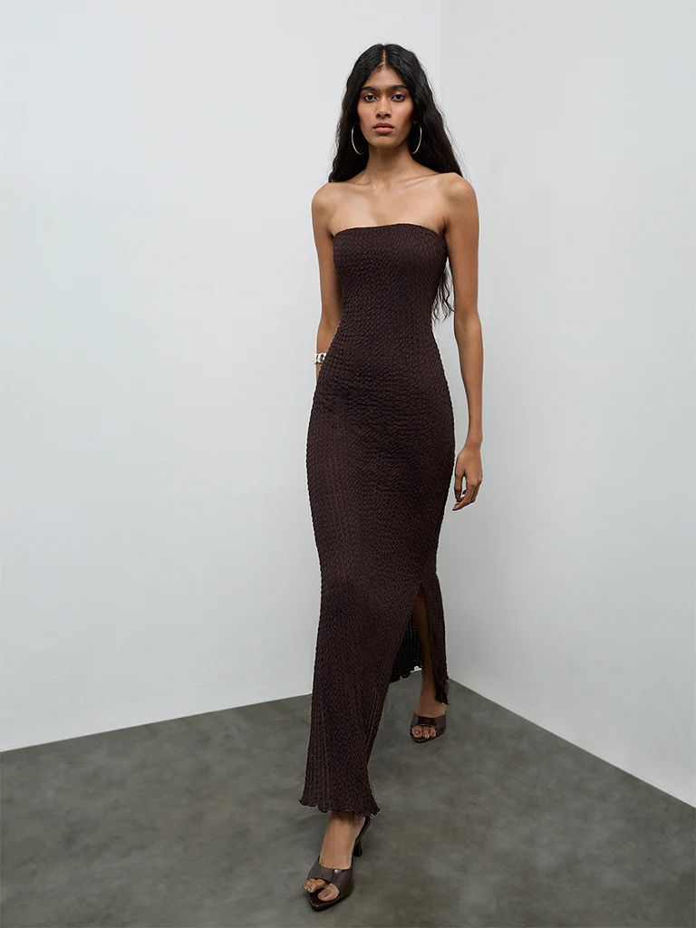Nuon Dark Brown Textured Bodycon Dress - Image 2