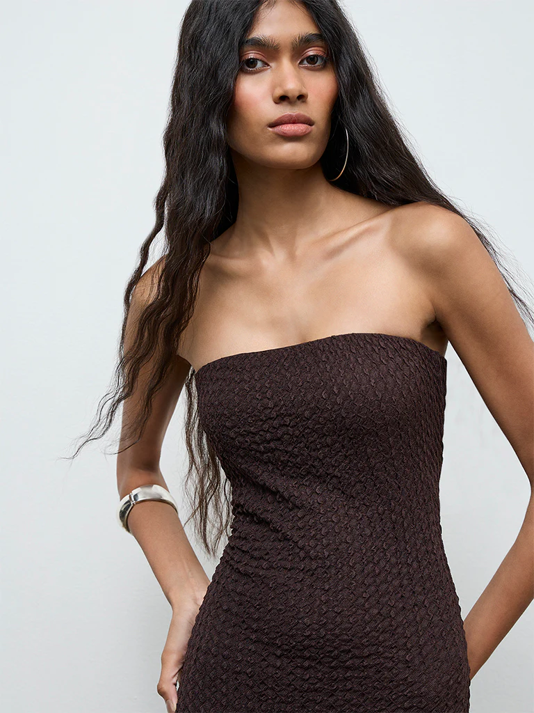 Nuon Dark Brown Textured Bodycon Dress - Image 3