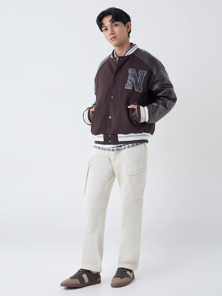 Nuon Dark Brown Typographic Relaxed-Fit Varsity Jacket - Image 2
