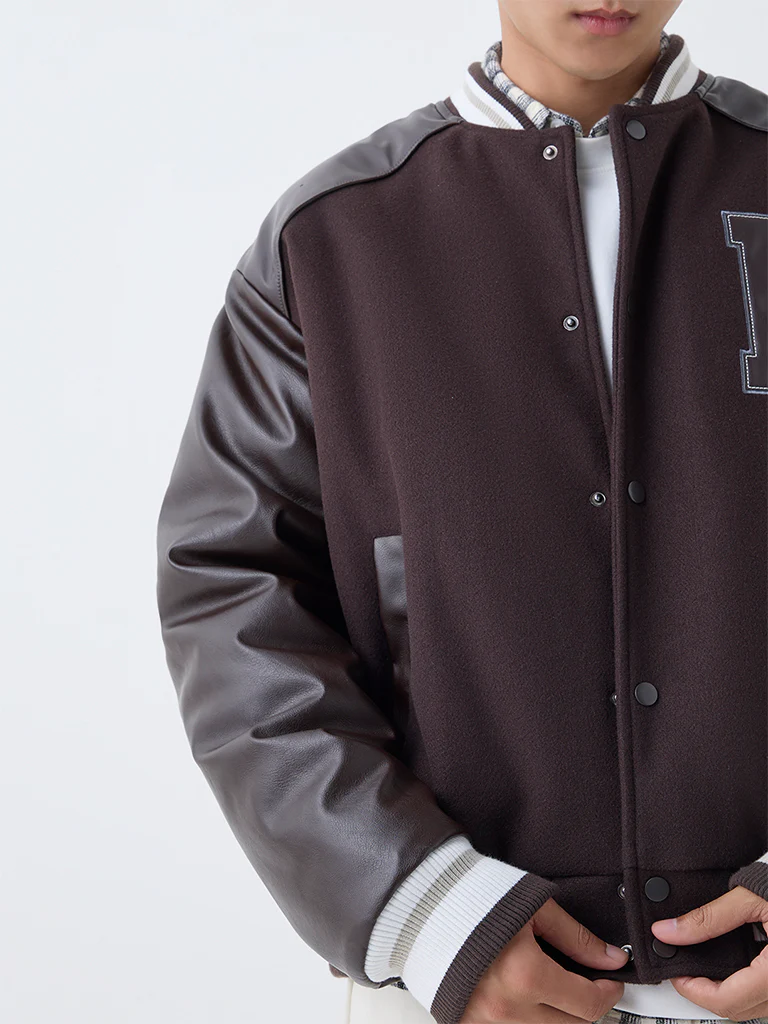 Nuon Dark Brown Typographic Relaxed-Fit Varsity Jacket - Image 3