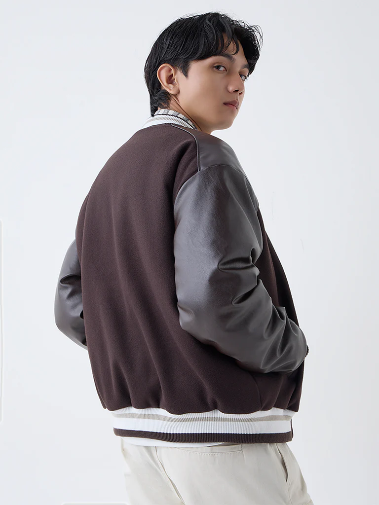 Nuon Dark Brown Typographic Relaxed-Fit Varsity Jacket - Image 4