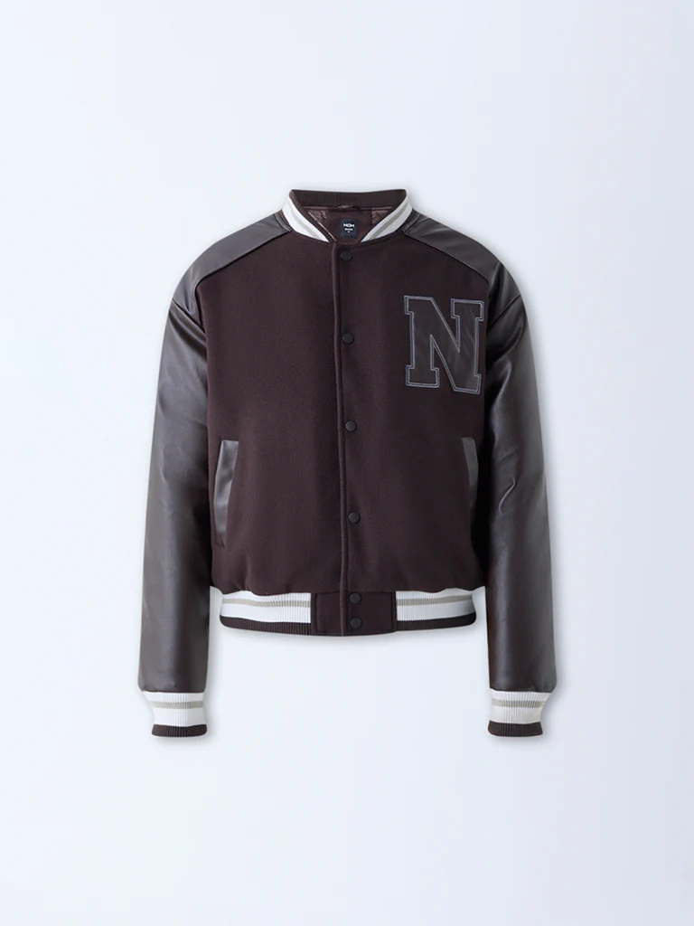 Nuon Dark Brown Typographic Relaxed-Fit Varsity Jacket - Image 5