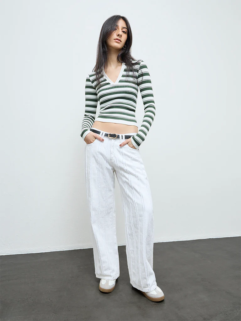 Nuon Dark Green Striped Textured T-Shirt - Image 2