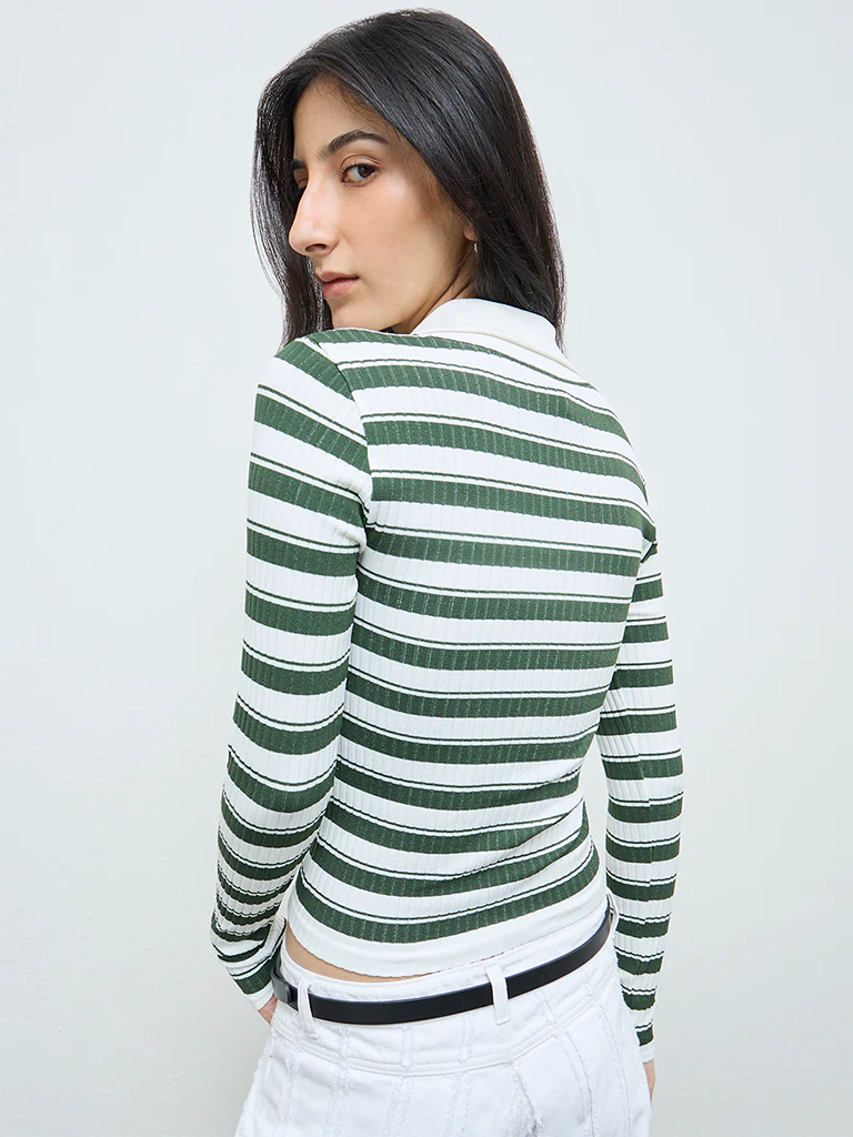 Nuon Dark Green Striped Textured T-Shirt - Image 4