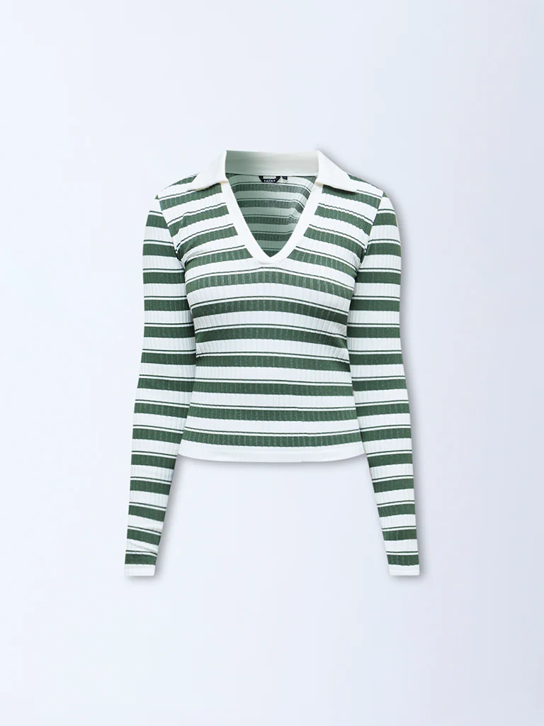 Nuon Dark Green Striped Textured T-Shirt - Image 5