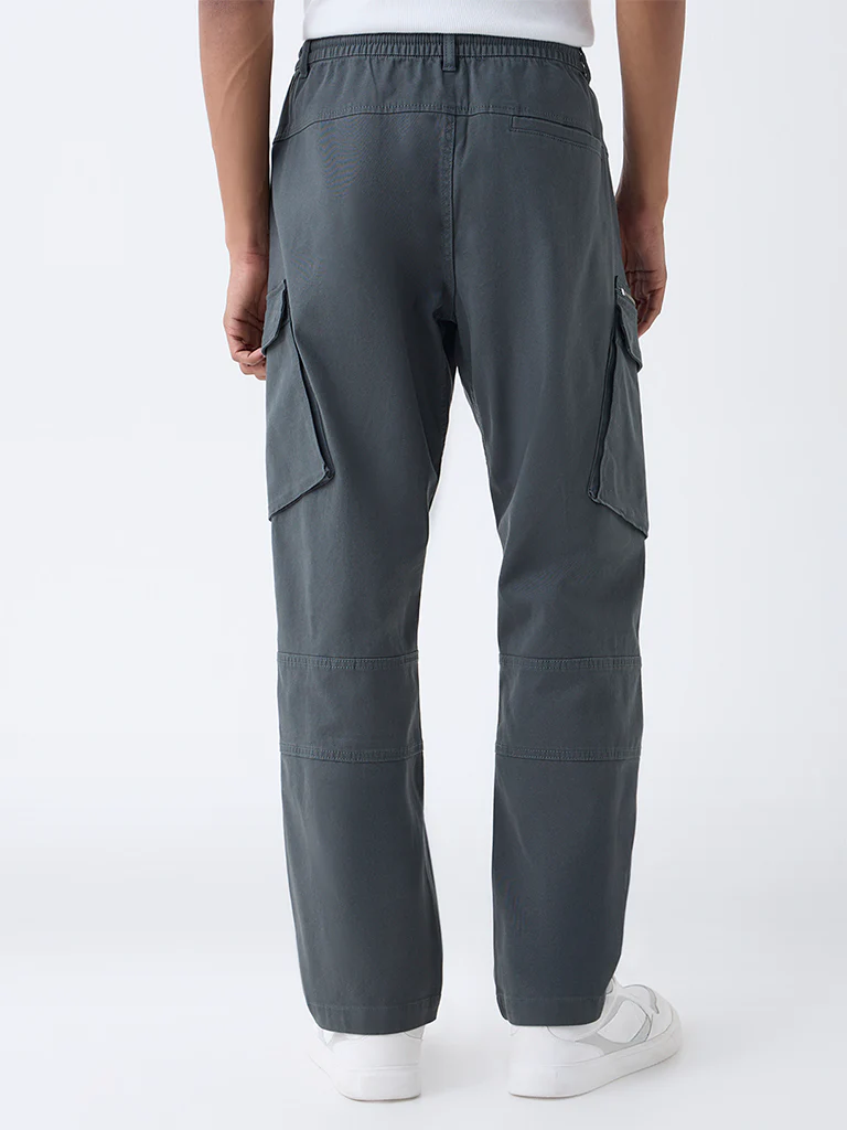 Nuon Dark Grey Relaxed-Fit Mid-Rise Cotton-Blend Cargo Pants - Image 5