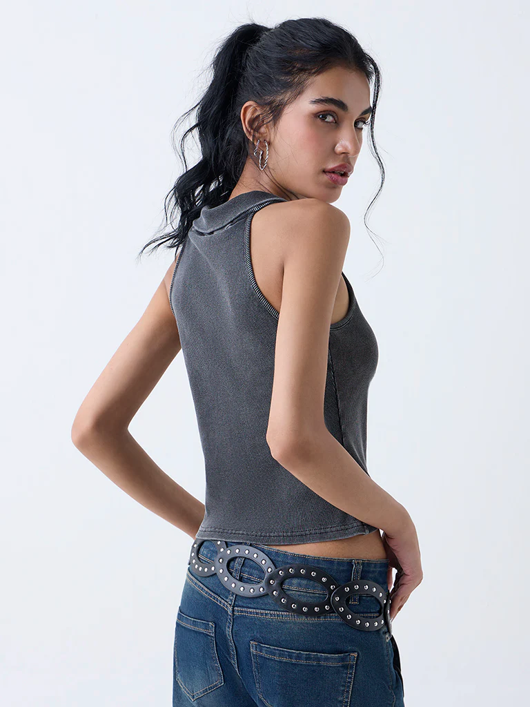 Nuon Dark Grey Ribbed-Textured Cotton-Blend Top - Image 4