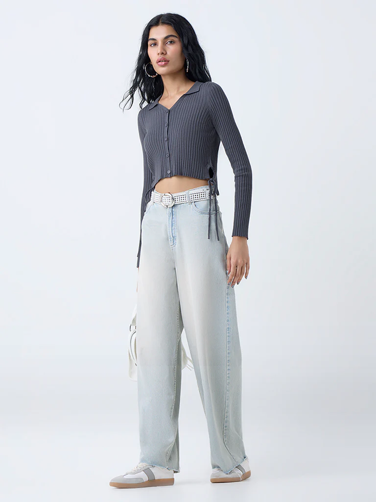 Nuon Dark Grey Self-Striped Top - Image 2