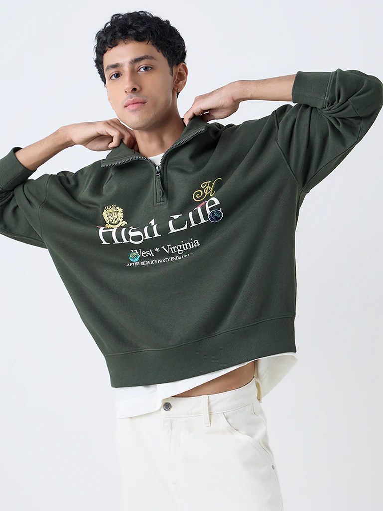 Nuon Dark Olive Relaxed-Fit Cotton-Blend Quarter-Zip Sweatshirt - Image 2