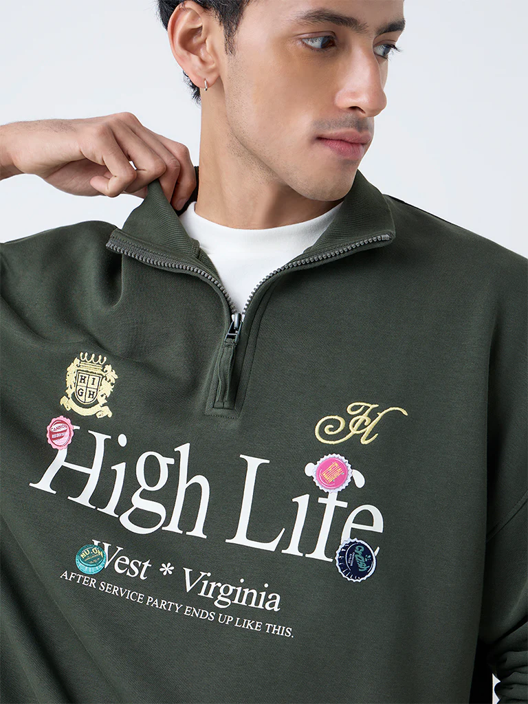 Nuon Dark Olive Relaxed-Fit Cotton-Blend Quarter-Zip Sweatshirt - Image 3