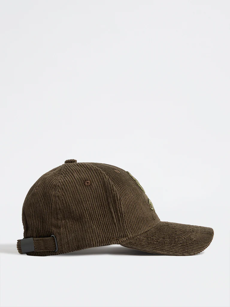 Nuon Dark Olive Text-Embroidered Corduroy Cap - Image 2