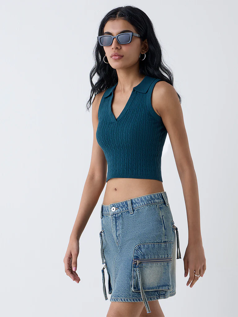 Nuon Dark Teal Cable-Knitted Top - Image 2