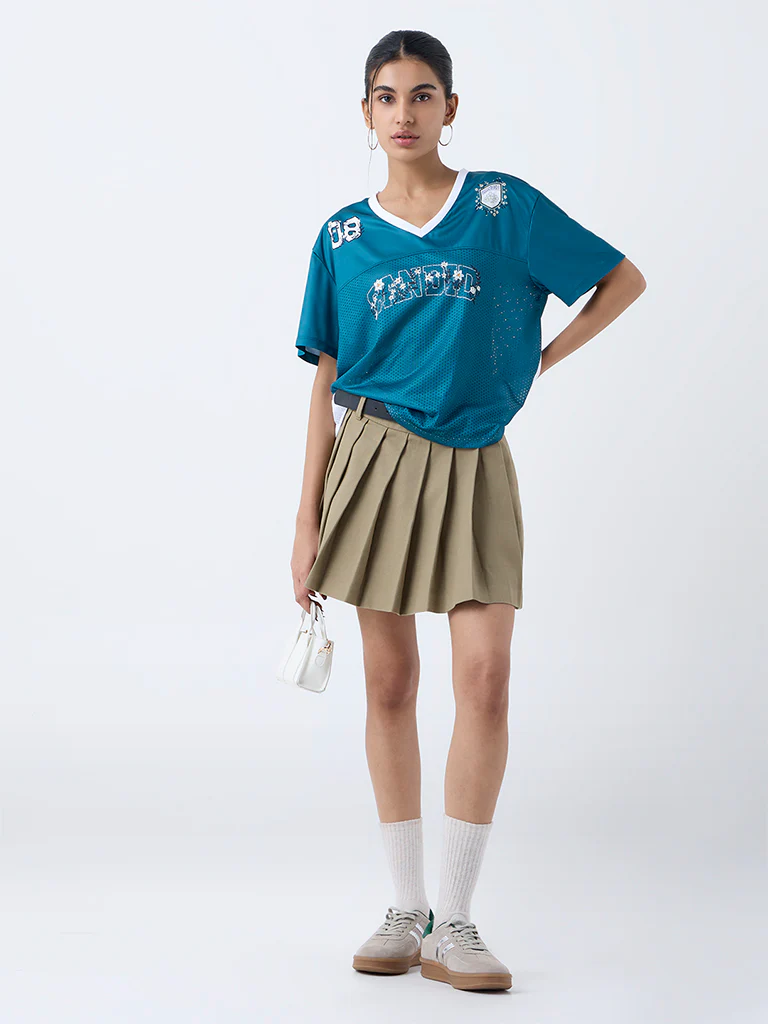 Nuon Dark Teal Printed Perforated T-Shirt