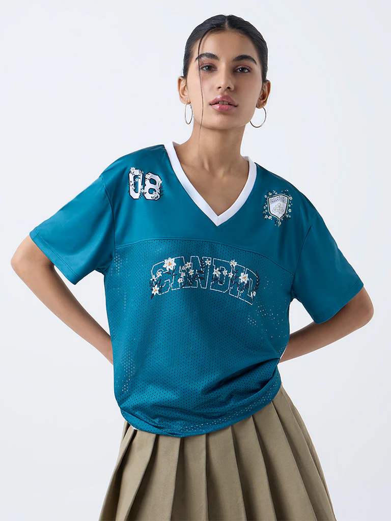 Nuon Dark Teal Printed Perforated T-Shirt - Image 2