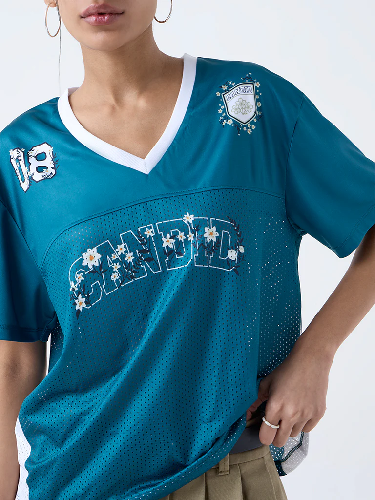 Nuon Dark Teal Printed Perforated T-Shirt - Image 3