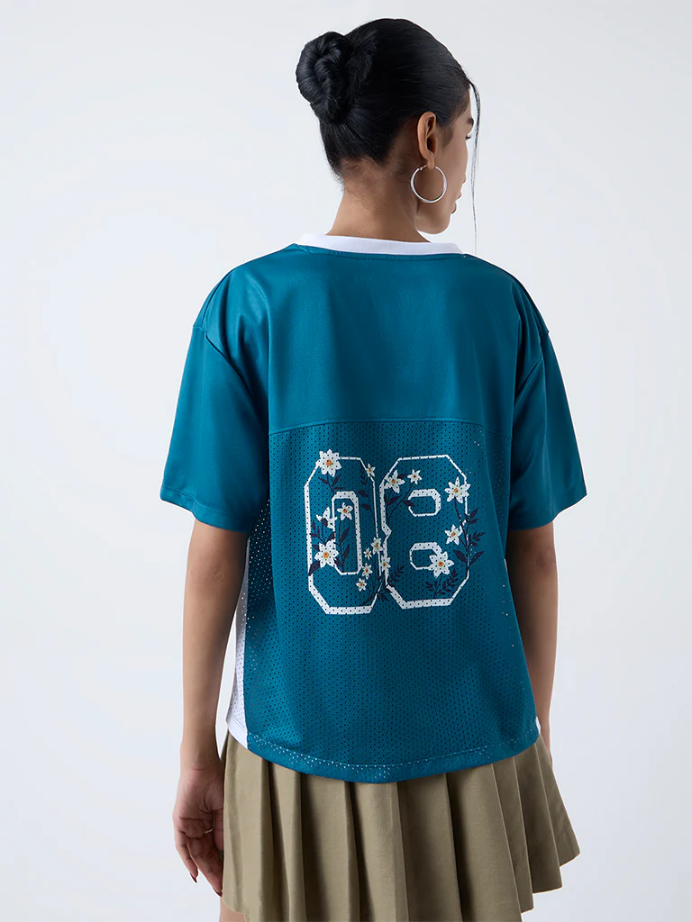 Nuon Dark Teal Printed Perforated T-Shirt - Image 4