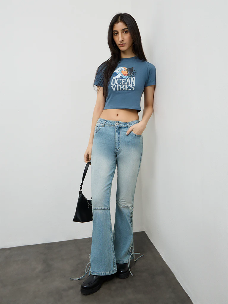 Nuon Dusty Blue Graphic Printed Cotton-Blend T-Shirt - Image 2