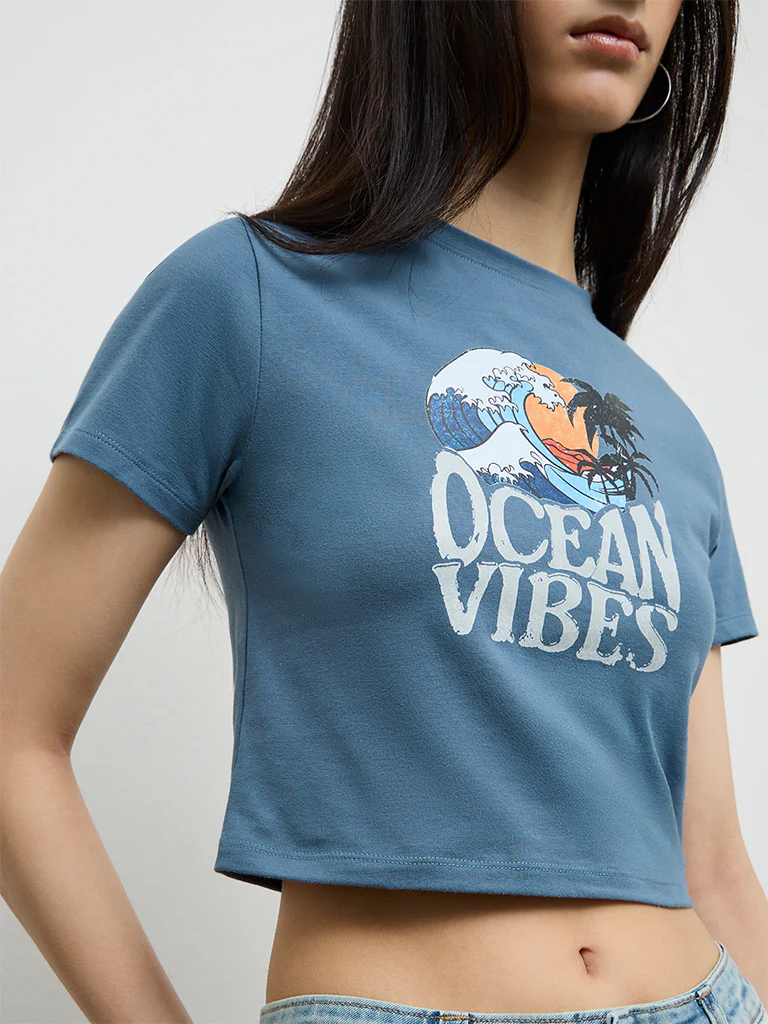 Nuon Dusty Blue Graphic Printed Cotton-Blend T-Shirt - Image 3