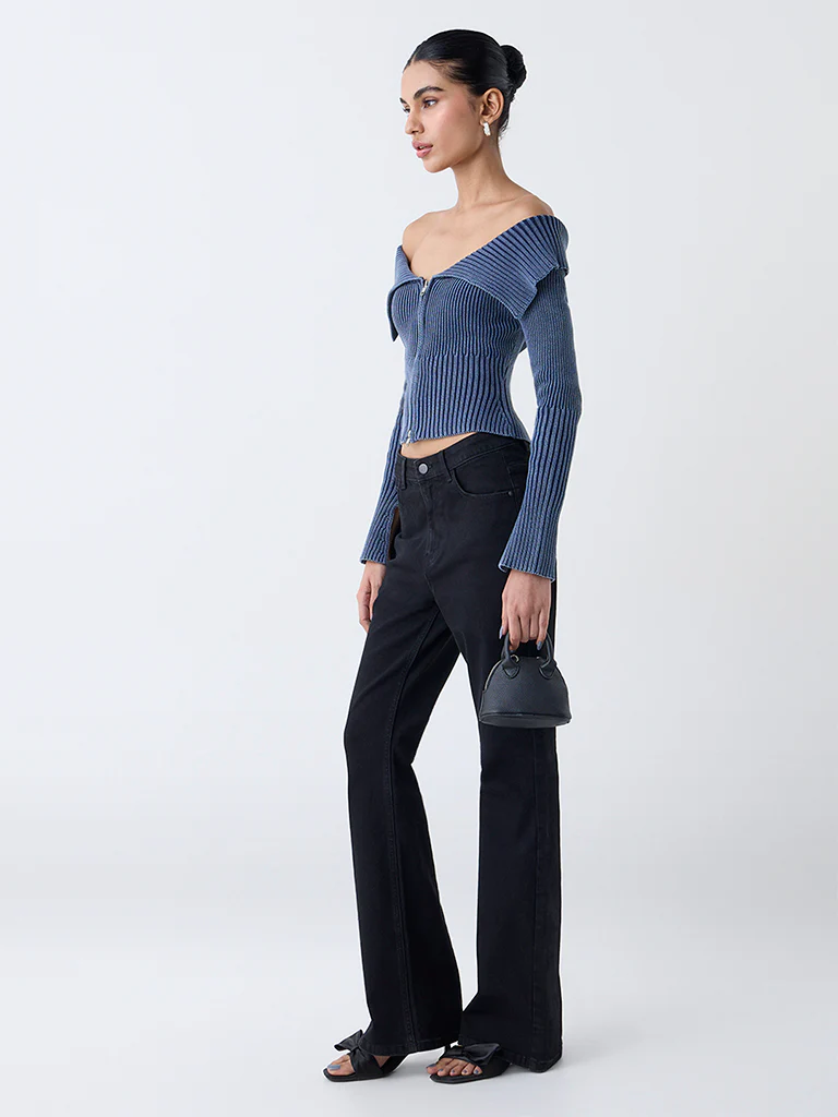 Nuon Dusty Blue Off-Shoulder Ribbed Cotton Top - Image 2