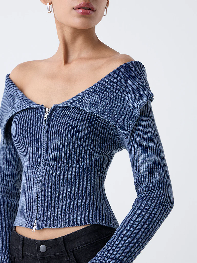 Nuon Dusty Blue Off-Shoulder Ribbed Cotton Top - Image 3