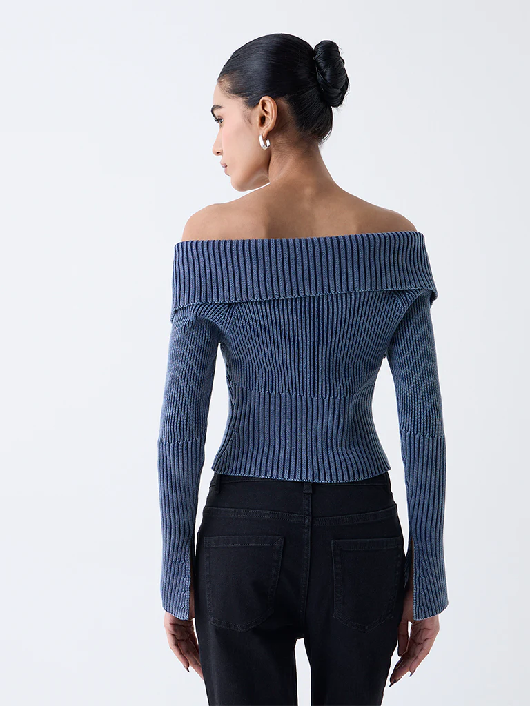 Nuon Dusty Blue Off-Shoulder Ribbed Cotton Top - Image 4