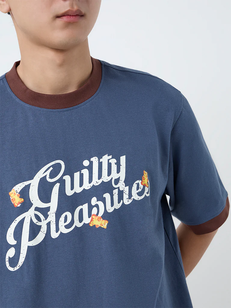 Nuon Dusty Blue Typographic Relaxed-Fit Cotton T-Shirt - Image 3