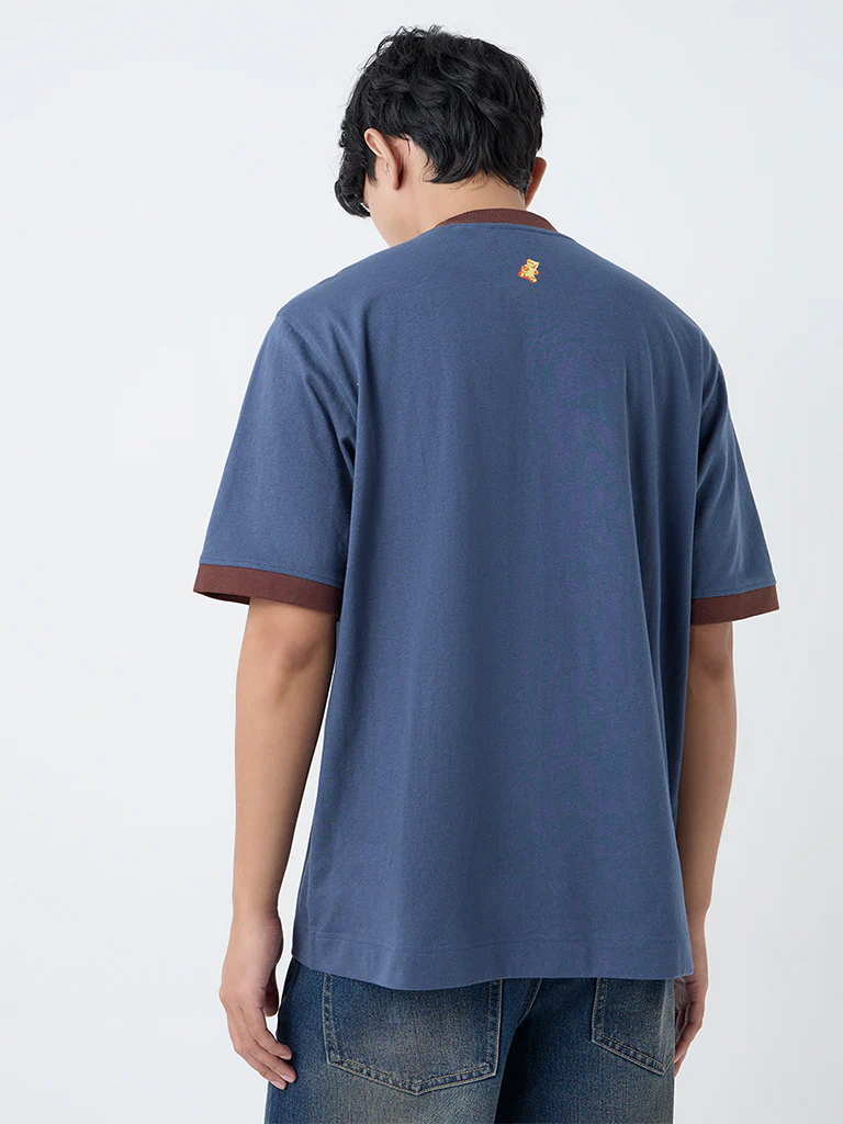 Nuon Dusty Blue Typographic Relaxed-Fit Cotton T-Shirt - Image 4