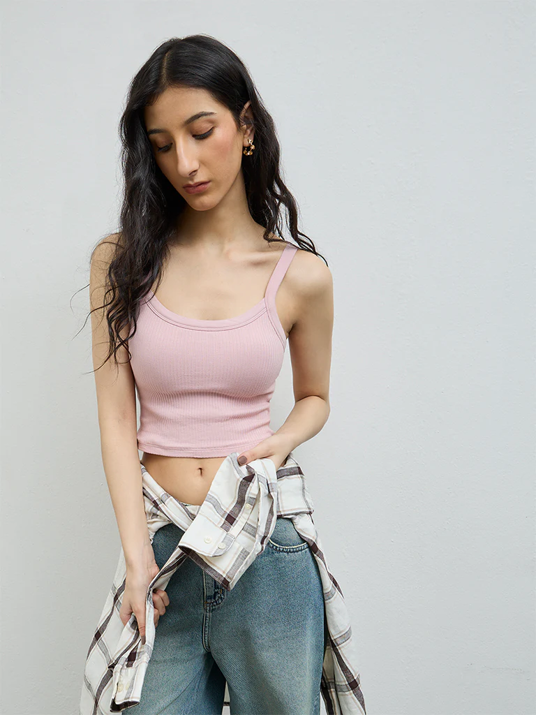Nuon Dusty Pink Ribbed-Textured Cotton-Blend Top - Image 2