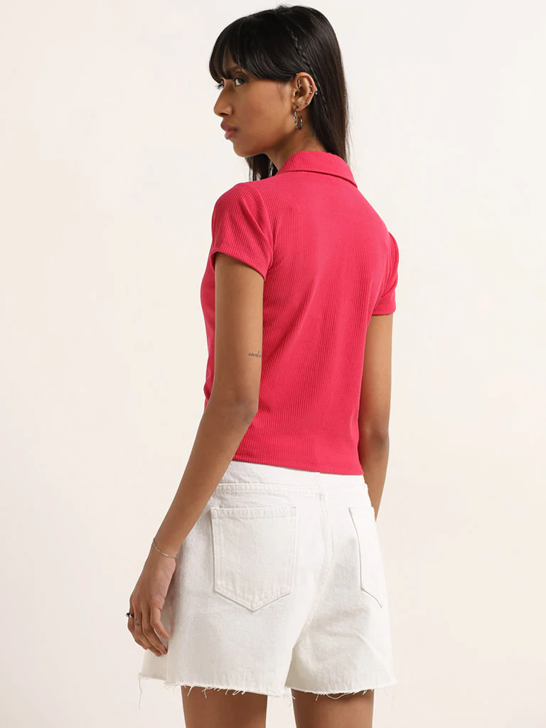 Nuon Fuchsia Ribbed Textured T-Shirt - Image 4