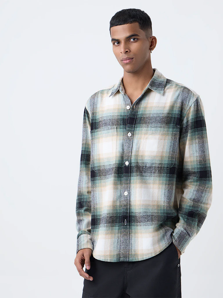 Nuon Green Checkered Relaxed-Fit Cotton Shirt