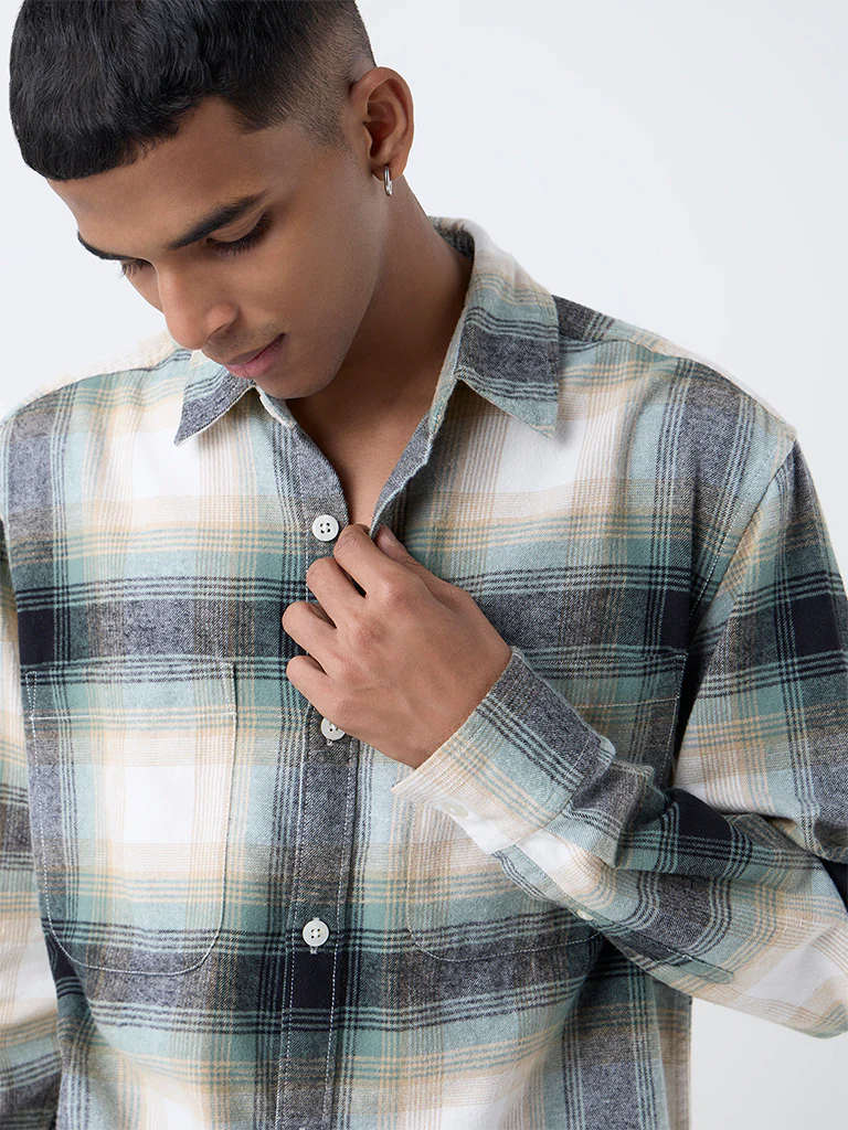 Nuon Green Checkered Relaxed-Fit Cotton Shirt - Image 3