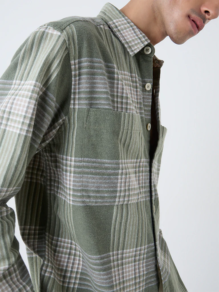 Nuon Green Checkered Relaxed-Fit Cotton Shirt - Image 3