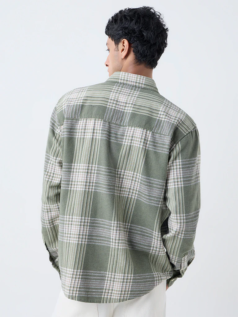 Nuon Green Checkered Relaxed-Fit Cotton Shirt - Image 4