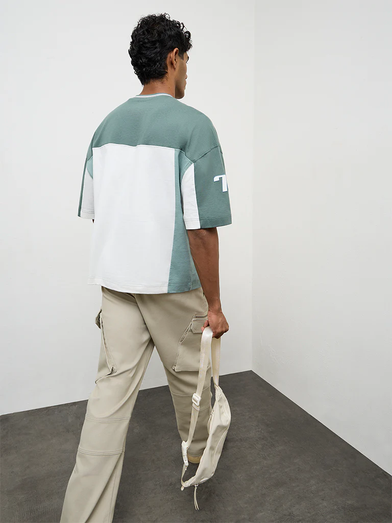 Nuon Green Color-Blocked Oversized Cotton T-Shirt - Image 4