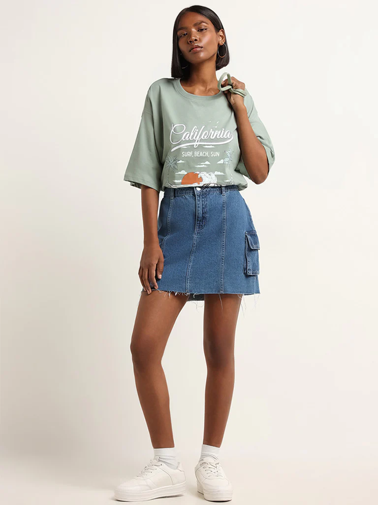Nuon Green Contrast Print Cotton Oversized T-Shirt - Image 3