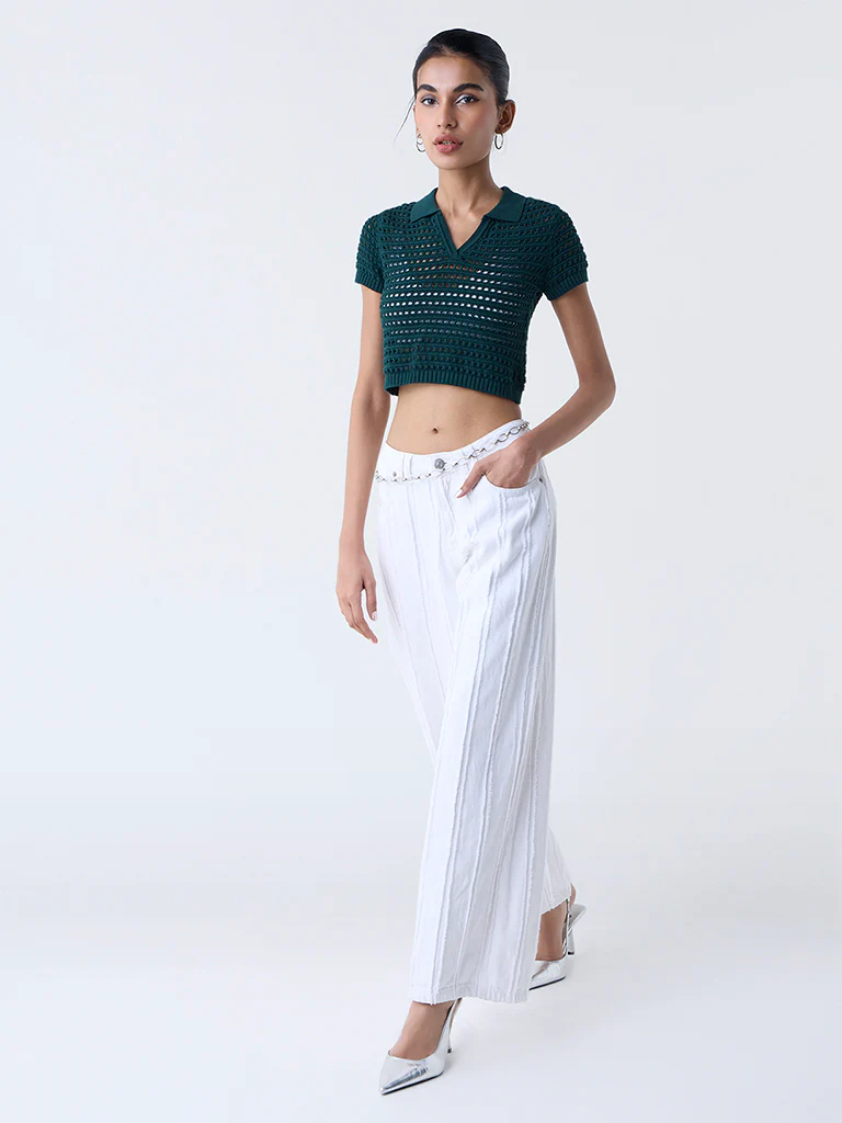 Nuon Green Crochet-Detailed Cotton Top - Image 2