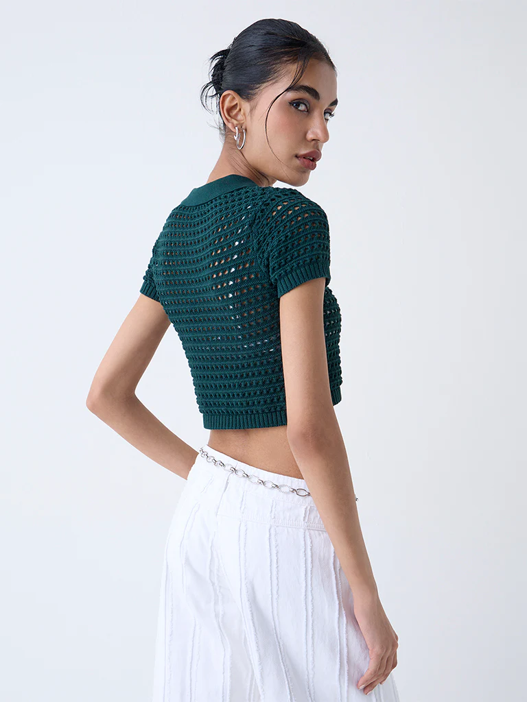 Nuon Green Crochet-Detailed Cotton Top - Image 4