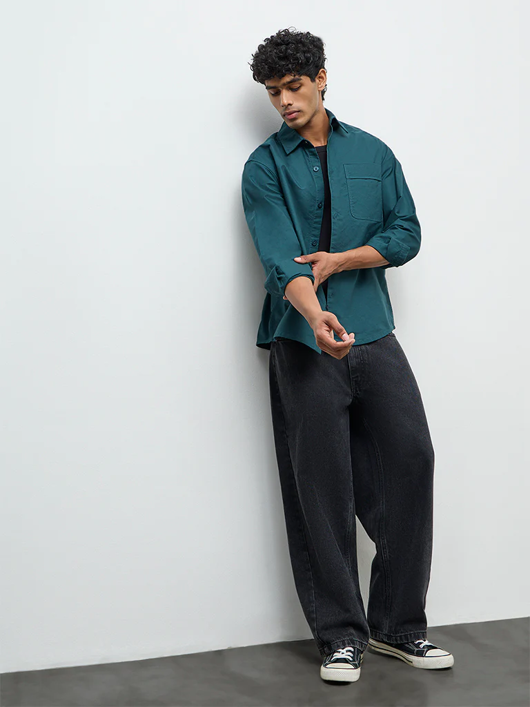Nuon Green Solid Relaxed-Fit Cotton Shirt - Image 2
