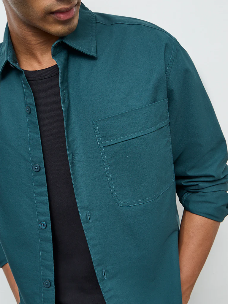 Nuon Green Solid Relaxed-Fit Cotton Shirt - Image 3