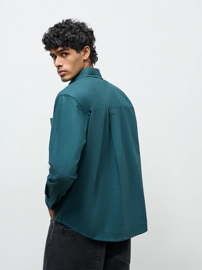 Nuon Green Solid Relaxed-Fit Cotton Shirt - Image 4
