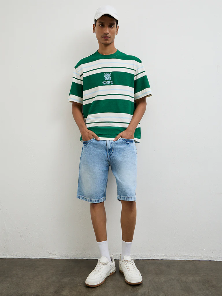 Nuon Green Striped Relaxed-Fit Cotton T-Shirt - Image 2