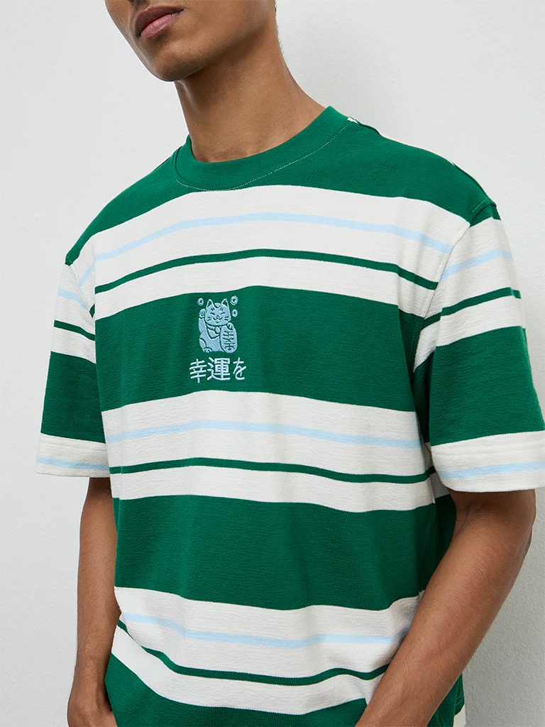 Nuon Green Striped Relaxed-Fit Cotton T-Shirt - Image 3