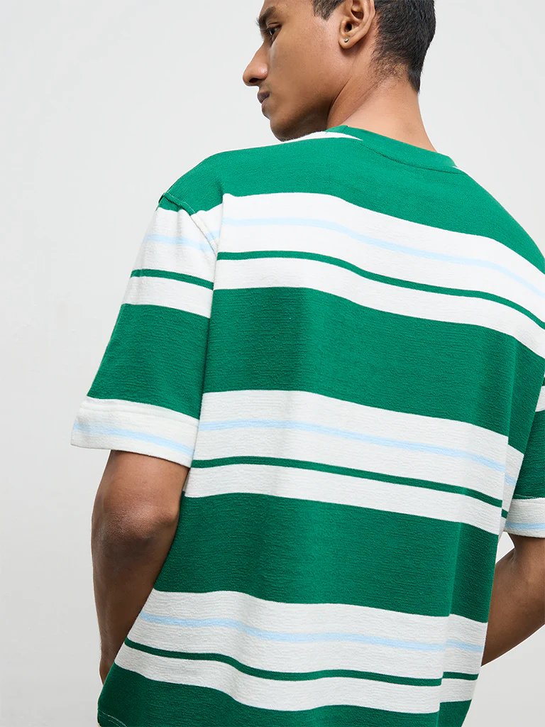 Nuon Green Striped Relaxed-Fit Cotton T-Shirt - Image 4