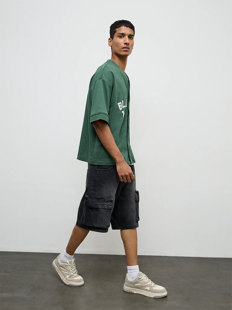 Nuon Green Typographic Relaxed-Fit Cotton-Blend Shirt - Image 3