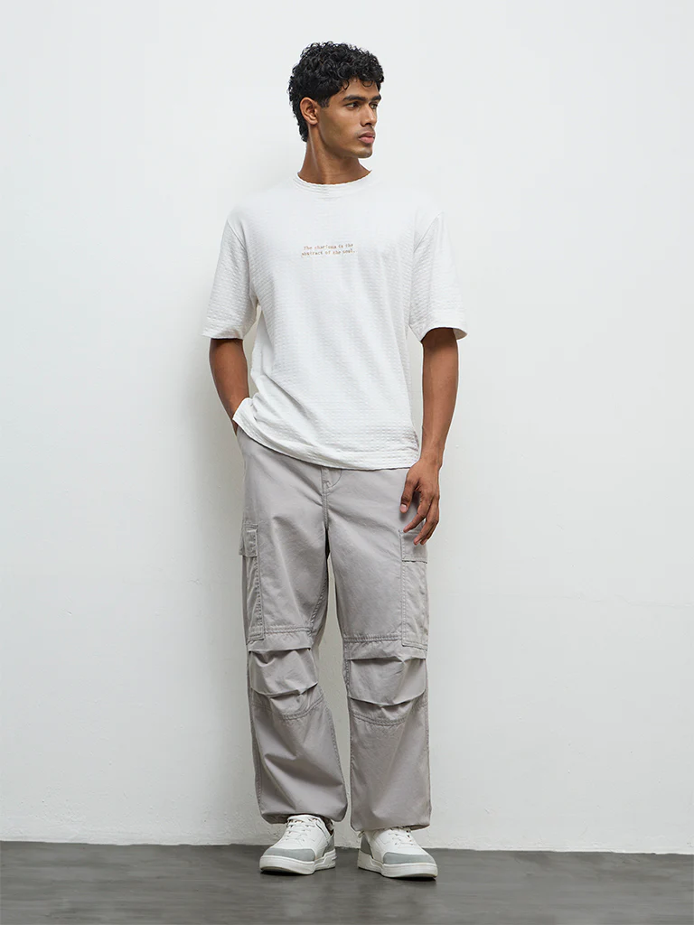 Nuon Grey Baggy-Fit Mid-Rise Cotton Cargo Pants