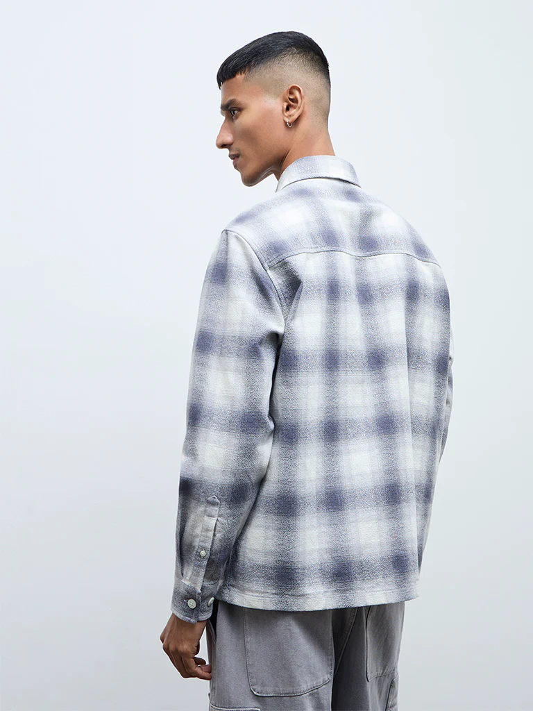 Nuon Grey Checkered Relaxed-Fit Cotton Shirt - Image 4
