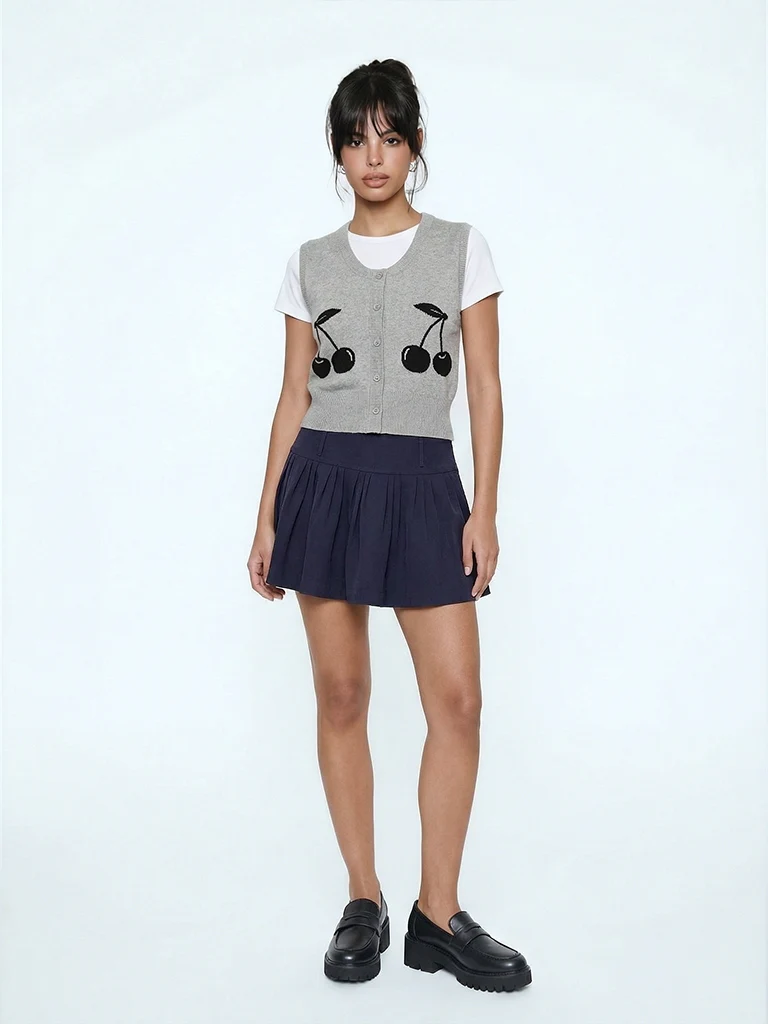 Nuon Grey Cherry Knitted Cotton-Blend Top - Image 2