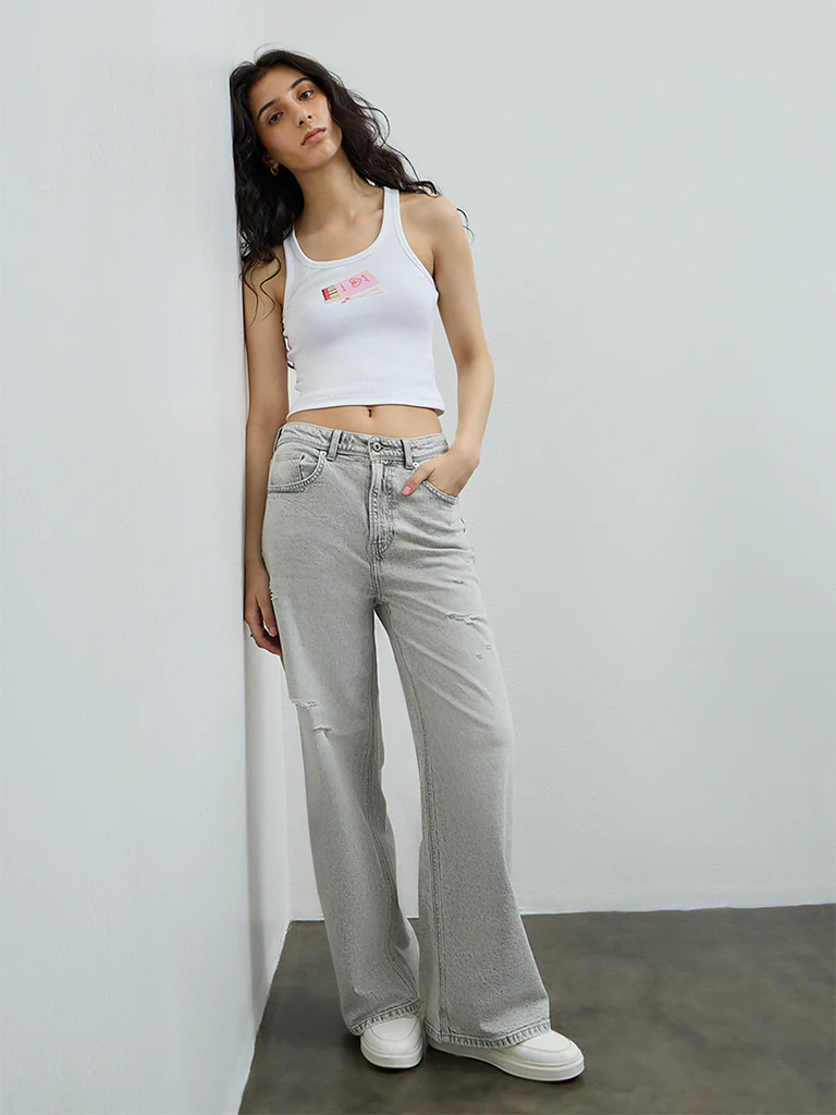 Nuon Grey Distressed High-Rise Jeans